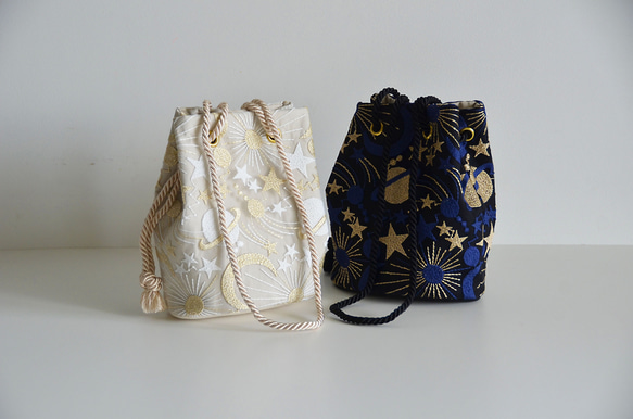 新作!  数量限定! プラネットチュール刺繍ポシェットマリンバッグ　エクリュベージュ　ミニショルダー　月と星 11枚目の画像