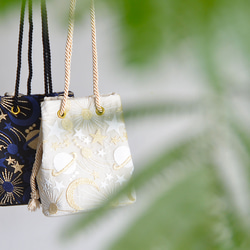 新作!  数量限定! プラネットチュール刺繍ポシェットマリンバッグ　エクリュベージュ　ミニショルダー　月と星 12枚目の画像