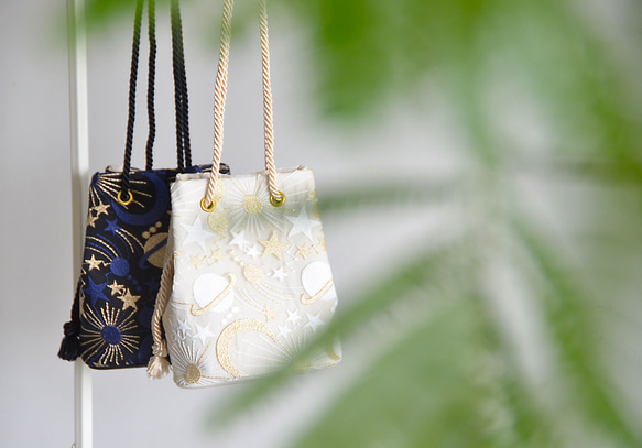 新作!  数量限定! プラネットチュール刺繍ポシェットマリンバッグ　エクリュベージュ　ミニショルダー　月と星 12枚目の画像