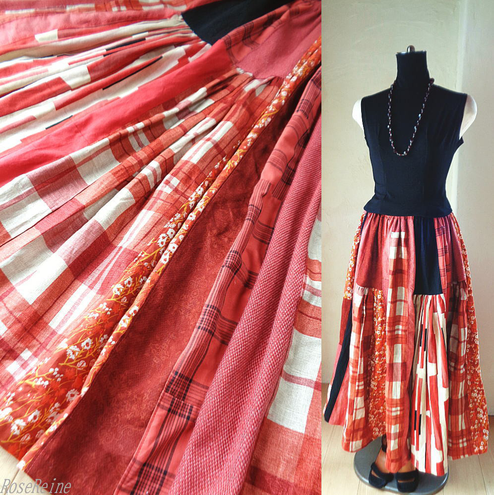 sold1点もの♥絵画なパッチワーク♥black&coral♥変形ティアード  