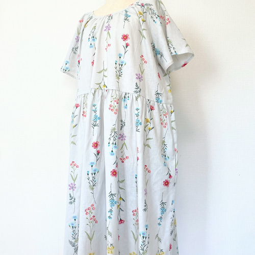 春に＊刺繍調 押し花柄＊ゆったり半袖ロングワンピース＊国産コットン