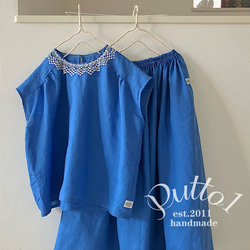 別売りでお揃いのスカートも「受注生産」選べる2色ブルー　フレンチリネン+水玉レースのゆったりブラウス・フレンチスリーブ 18枚目の画像