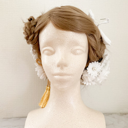 つまみ細工髪飾り　純白　花嫁衣装　かんざしセット　鶴　花　金タッセル　S178 14枚目の画像