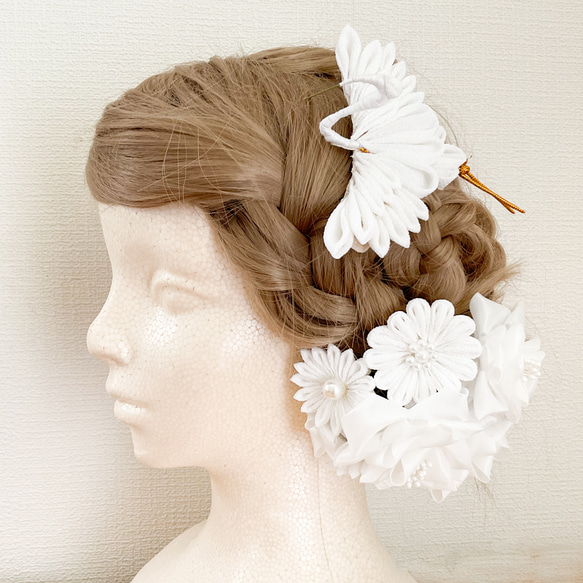 つまみ細工髪飾り　純白　花嫁衣装　かんざしセット　鶴　花　金タッセル　S178 15枚目の画像