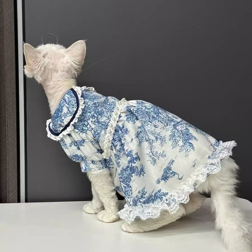 オーダーメイド可能〉猫服 犬服 ペット服 ネコ 青い花模様真珠 オーダーメイド可能〉猫服 犬服 ペット服 ネコ 青い花模様真珠