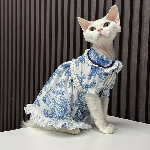 オーダーメイド可能〉猫服 犬服 ペット服 ネコ 青い花模様真珠
