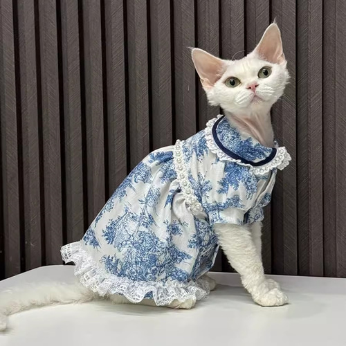 オーダーメイド可能〉猫服 犬服 ペット服 ネコ 青い花模様真珠