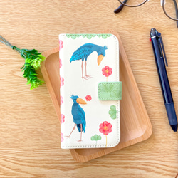 【受注製作品】花とハシビロコウのiPhoneケース 手帳型 Android対応 スマホケース 名入れ 動物 鳥 かわいい 12枚目の画像