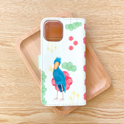 【受注製作品】花とハシビロコウのiPhoneケース 手帳型 Android対応 スマホケース 名入れ 動物 鳥 かわいい 3枚目の画像