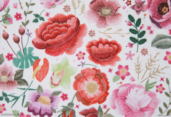 韓国製 花柄 刺繍風ピオニー 芍薬の庭 生地 コットン100％シーチング Embroidery Peony 1枚目の画像