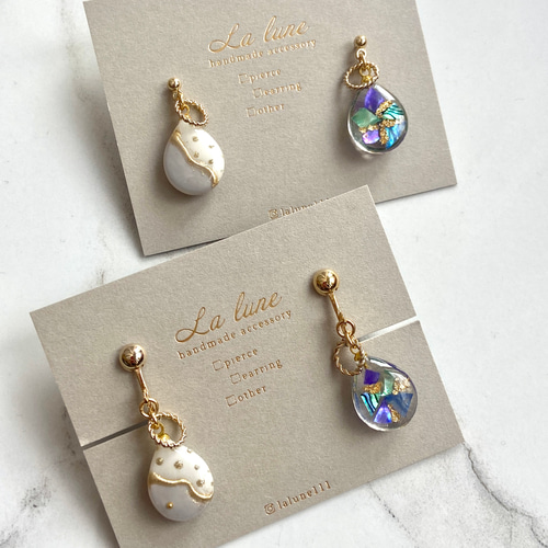 再販♪ 小さな雫 の アシンメトリー × ブルーシェルとドット ピアス 