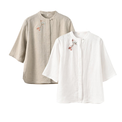 7分袖リネンシャツ　民族風刺繍リネンシャツ　 丸襟半袖リネンシャツ　麻色と白2色　M-2XL　L365 1枚目の画像
