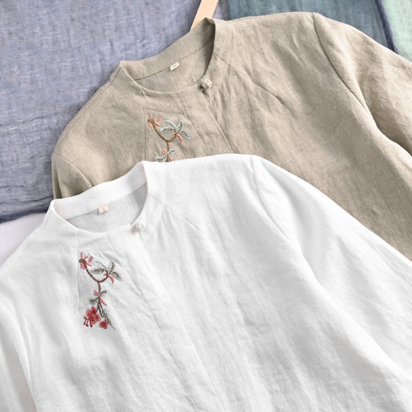 7分袖リネンシャツ　民族風刺繍リネンシャツ　 丸襟半袖リネンシャツ　麻色と白2色　M-2XL　L365 5枚目の画像