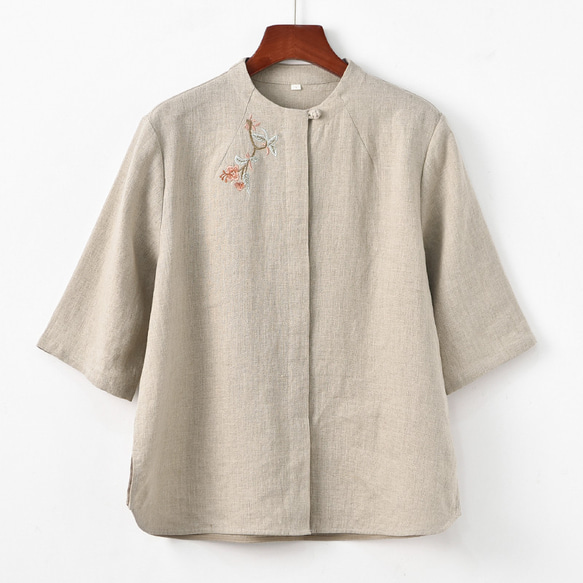 7分袖リネンシャツ　民族風刺繍リネンシャツ　 丸襟半袖リネンシャツ　麻色と白2色　M-2XL　L365 2枚目の画像
