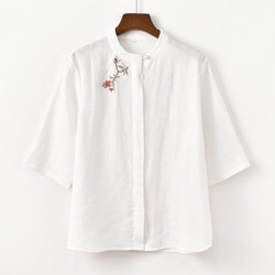 7分袖リネンシャツ　民族風刺繍リネンシャツ　 丸襟半袖リネンシャツ　麻色と白2色　M-2XL　L365 4枚目の画像