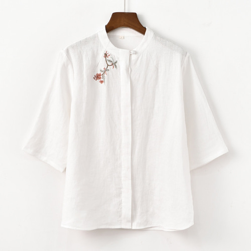 【人気】　45R 後染めリネンのサファリシャツ　開襟シャツ　麻　R刺繍 263c40ae1380a6f8842c3c30be72b0