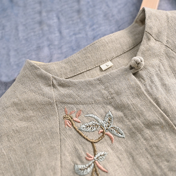 7分袖リネンシャツ　民族風刺繍リネンシャツ　 丸襟半袖リネンシャツ　麻色と白2色　M-2XL　L365 12枚目の画像