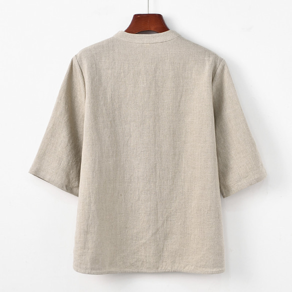 7分袖リネンシャツ　民族風刺繍リネンシャツ　 丸襟半袖リネンシャツ　麻色と白2色　M-2XL　L365 3枚目の画像