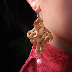 ハンドメイド 竹製 如意結 ピアス イヤリング 耳飾 真珠 竹色 極軽