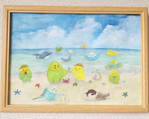 額入りA4原画『夏休みインコたち』 アート インテリア 絵画