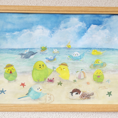 水彩画 夏の想いで 額装済み 額入りA4原画『夏休みインコたち』 アート インテリア 絵画