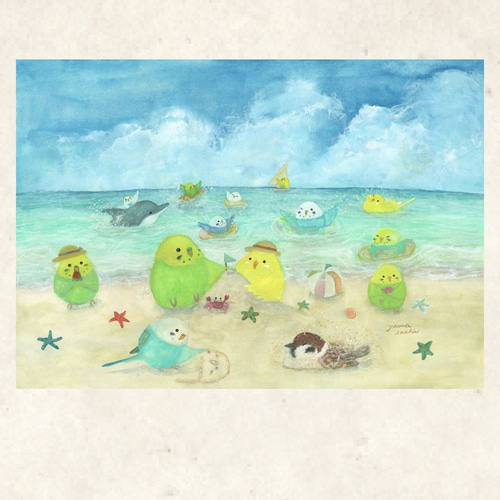 額入りA4原画『夏休みインコたち』 アート インテリア 絵画