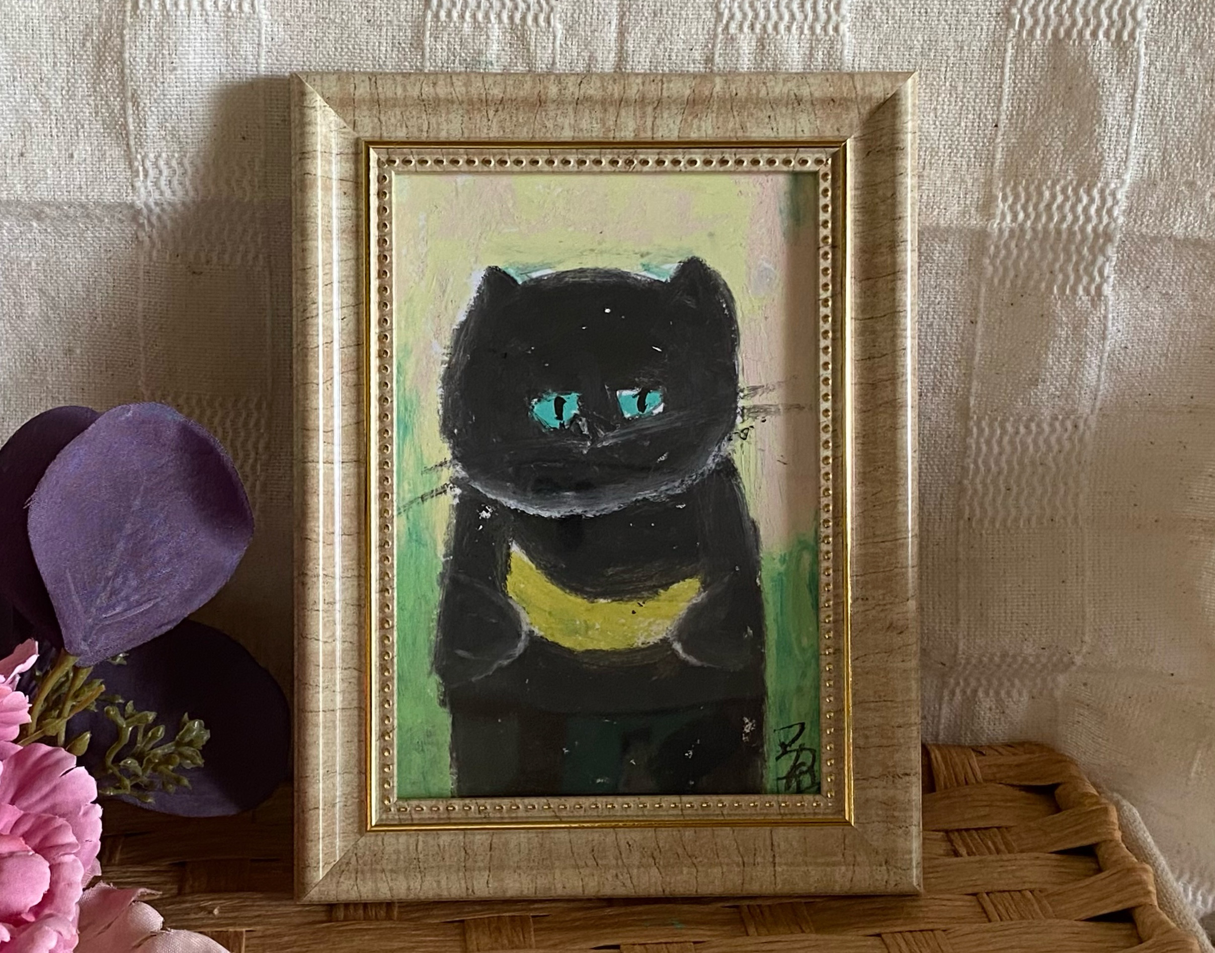 絵画。壁掛け原画【花の中の女の子と黒猫】 受けとる