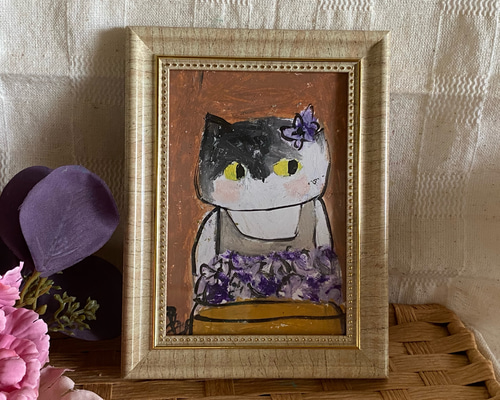 油絵 絵画【猫と紫の薔薇】