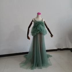 上品！ペールトーンのミントグリーン色 チュールドレス ソフトチュール カラードレスオーバースカート+ホワイトキャミソール 15枚目の画像
