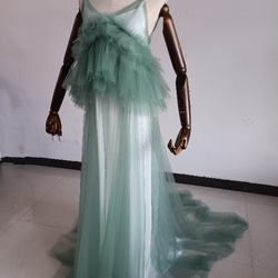 上品！ペールトーンのミントグリーン色 チュールドレス ソフトチュール カラードレスオーバースカート+ホワイトキャミソール 7枚目の画像