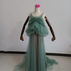 上品！ペールトーンのミントグリーン色 チュールドレス ソフトチュール カラードレスオーバースカート+ホワイトキャミソール 12枚目の画像