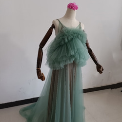 上品！ペールトーンのミントグリーン色 チュールドレス ソフトチュール カラードレスオーバースカート+ホワイトキャミソール 13枚目の画像