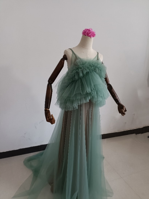 上品！ペールトーンのミントグリーン色 チュールドレス ソフトチュール カラードレスオーバースカート+ホワイトキャミソール 13枚目の画像