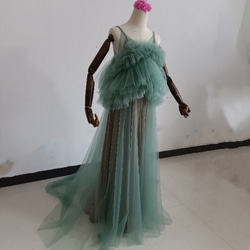 上品！ペールトーンのミントグリーン色 チュールドレス ソフトチュール カラードレスオーバースカート+ホワイトキャミソール 14枚目の画像