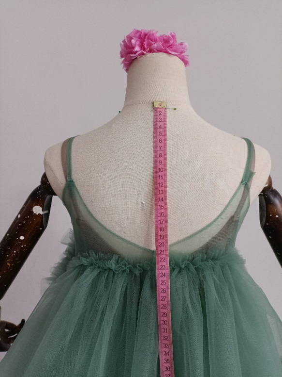上品！ペールトーンのミントグリーン色 チュールドレス ソフトチュール カラードレスオーバースカート+チョコレートキャミソ 11枚目の画像