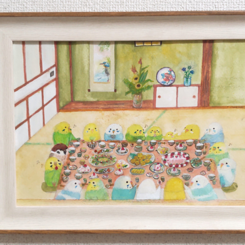 額入りB5原画『みんなでご飯インコ』 アート インテリア 絵画 yuuwa