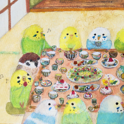 額入りB5原画『みんなでご飯インコ』 アート インテリア 3枚目の画像