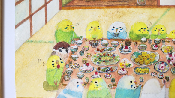 額入りB5原画『みんなでご飯インコ』 アート インテリア 3枚目の画像