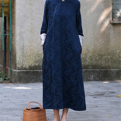 秋冬ルーズ刺繍ロングスリーブ綿麻ドレス 2枚目の画像