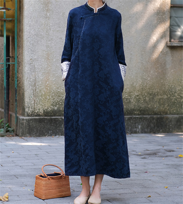 秋冬ルーズ刺繍ロングスリーブ綿麻ドレス 2枚目の画像