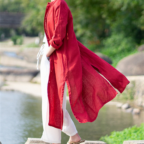 ルーズカーディガンロングスリーブレディース長い赤綿麻ジャケット  