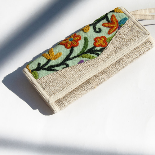 手作り綿麻財布/編み継ぎ刺繍長財布/長財布/小銭入れ/編み財布-花風 