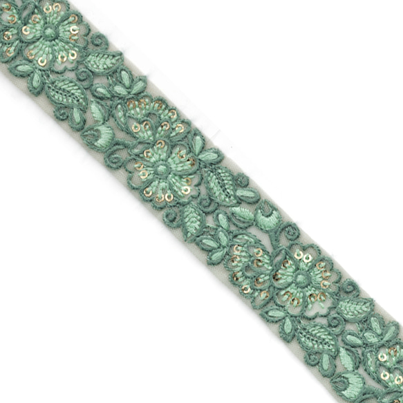 [ 528 ] 緑 グリーン 花柄 幅:3.5cm インド刺繍 リボン 1枚目の画像