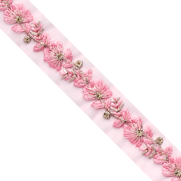 [ 541 ] ピンク 花柄 幅:2cm インド刺繍 リボン 1枚目の画像