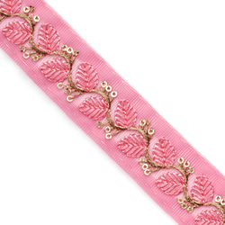 [ 555 ] ピンク 桃色 葉っぱ 幅:3cm インド刺繍 リボン 1枚目の画像