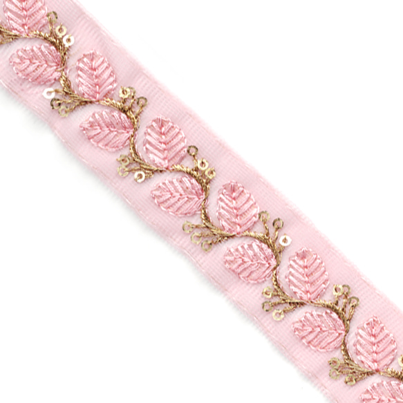 [ 556 ] ピンク 桜 葉っぱ 幅:3cm インド刺繍 リボン 1枚目の画像