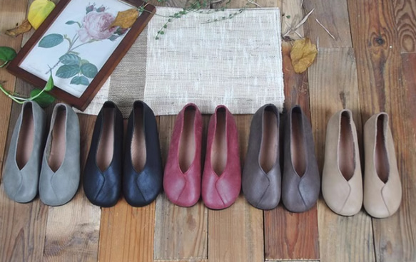 手作りの靴 母の日　パンプス　本革 カジュアルフラットシューズ レディース靴 履きやすい 2枚目の画像