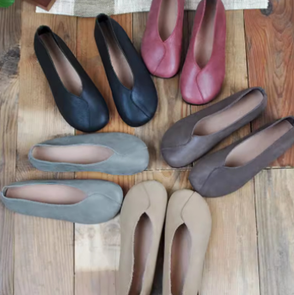手作りの靴 母の日　パンプス　本革 カジュアルフラットシューズ レディース靴 履きやすい 1枚目の画像