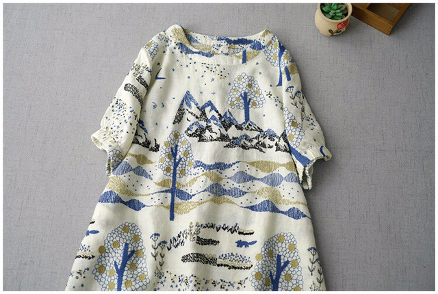 リネン100％風景総刺ポケット付きシンプルな大人可愛い半袖ワンピース♪