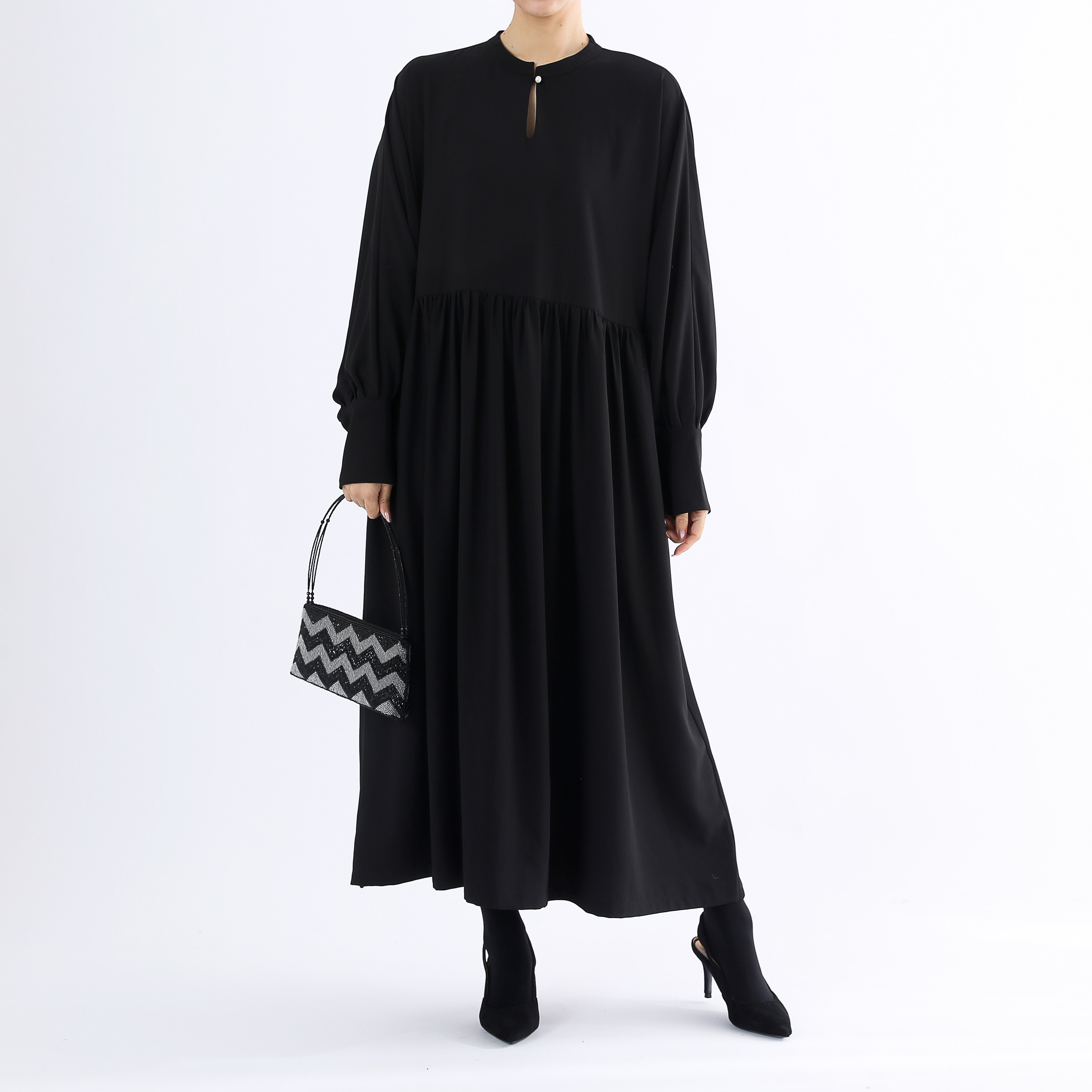 フォーマル　淡水パールボタン　ギャザーロングワンピース・ブラック・サイズオーダーok